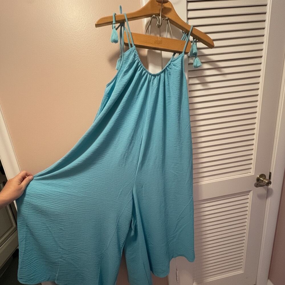 Harlow & Rose Aqua Wide Leg Jumpsuit M Boho Tassel Tie